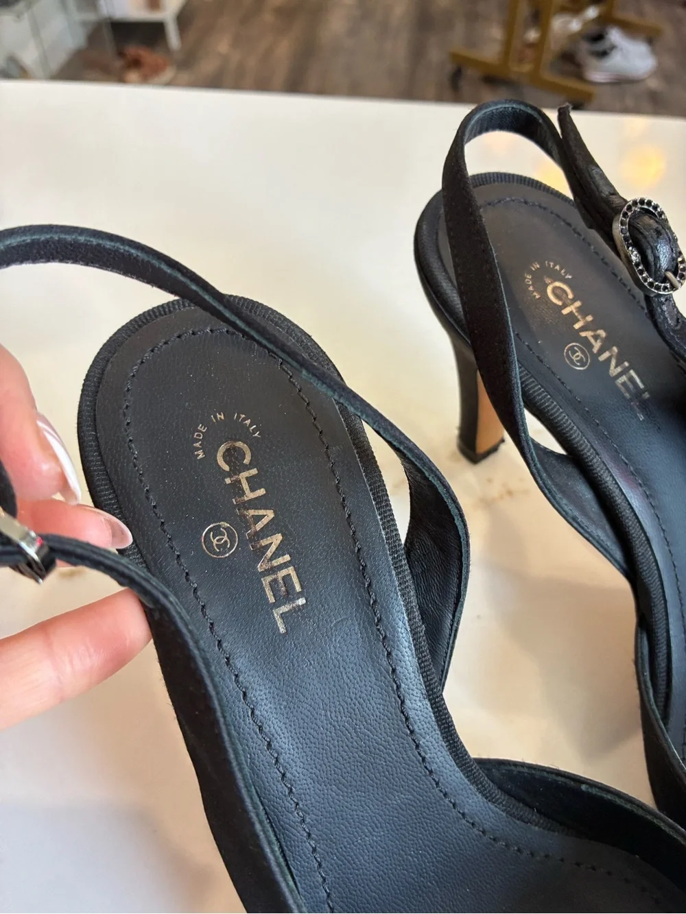 CHANEL Black Satin Slingback Pumps with Bow Accent